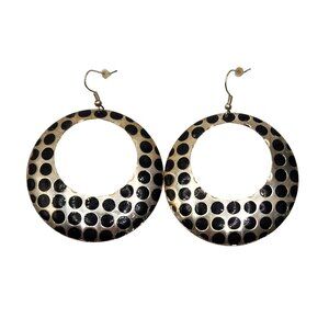 Large Round Hoop Earrings With Black Polka Dot Design